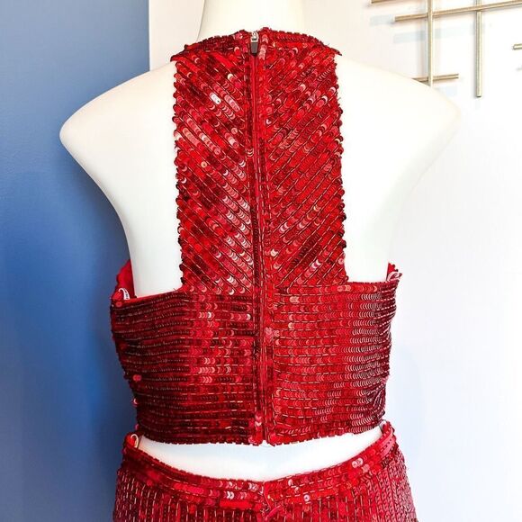 Sherri Hill Red Sequins 2-Piece Crop Top Skirt Gown Dress Slit Size 4 - 51662 - Picture 5 of 16